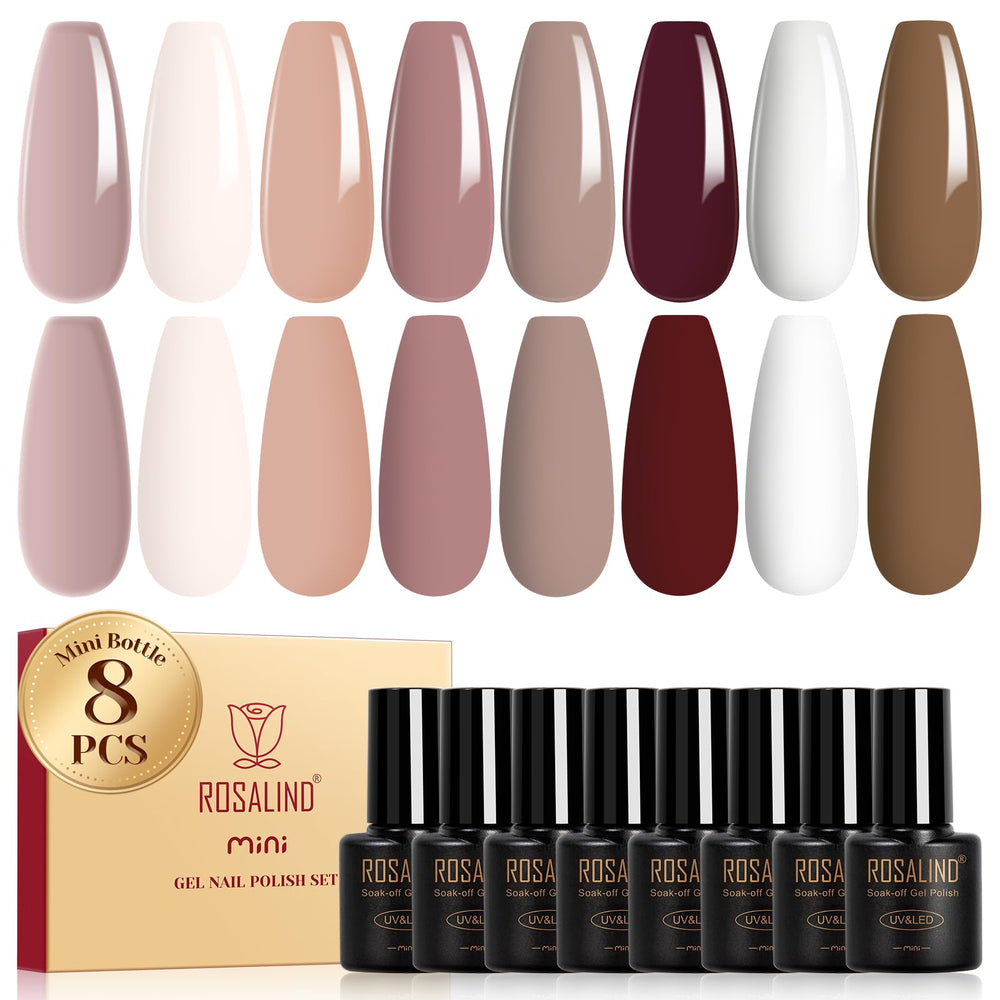 ROSALIND esmalte gel nude marrón: paleta de 8 tonos para looks neutros y elegantes
