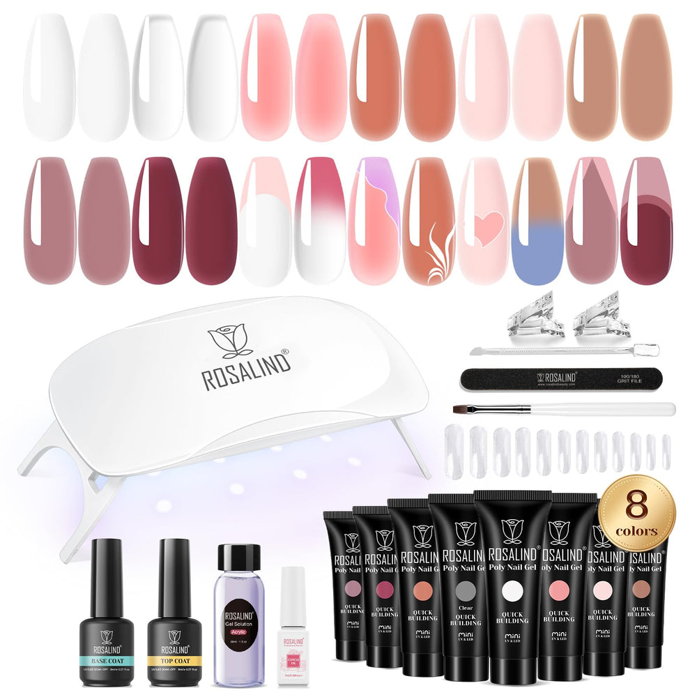 ROSALIND kit gel uñas poly 8 colores y lámpara UV para acabado profesional en casa