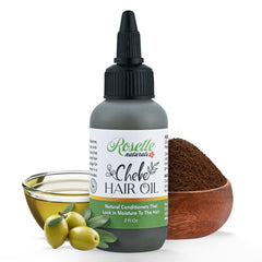 Roselle Naturals Chebe Oil en botella para hidratar el cabello y dar brillo.