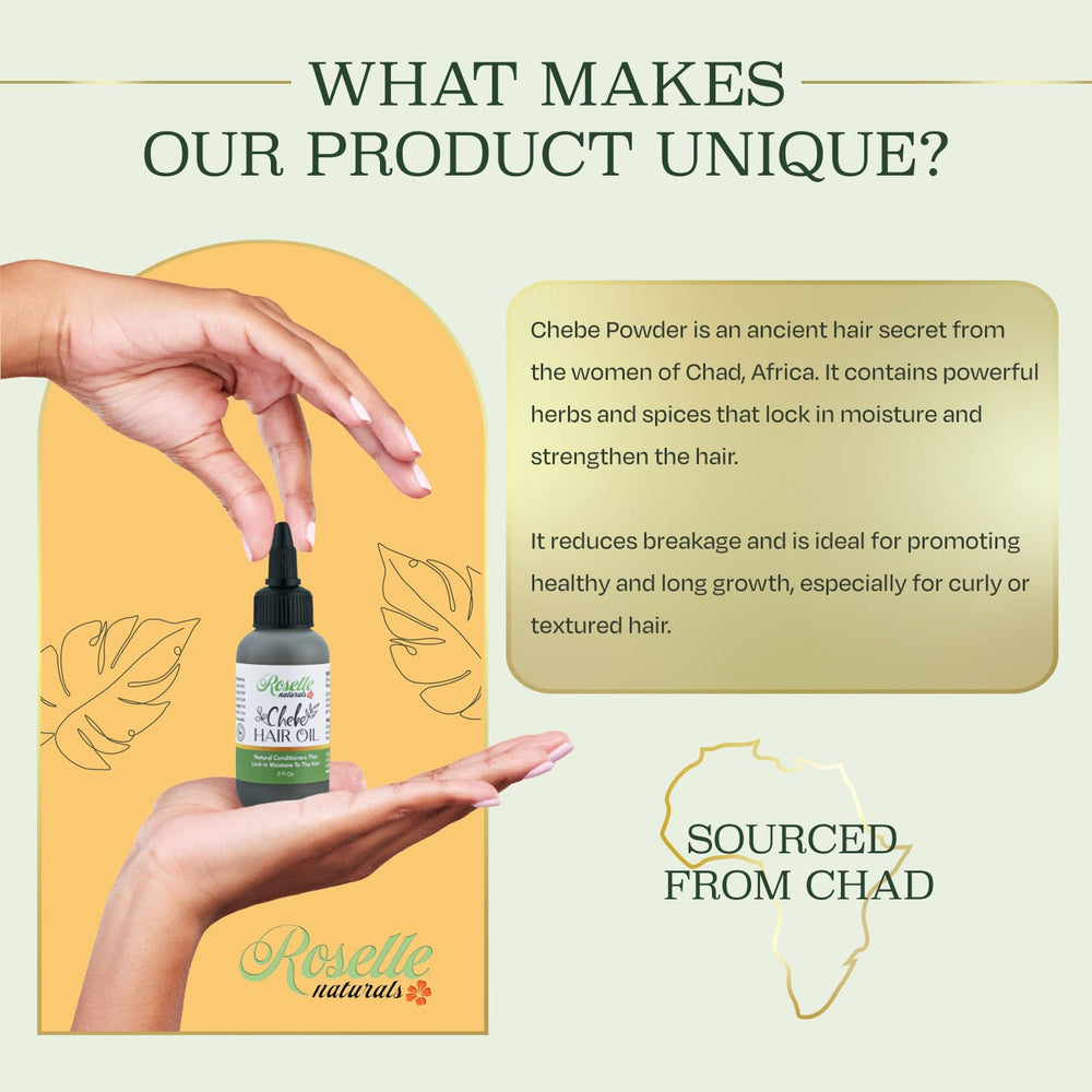 Roselle Naturals Chebe Oil cuida la caspa y calma el cuero cabelludo.