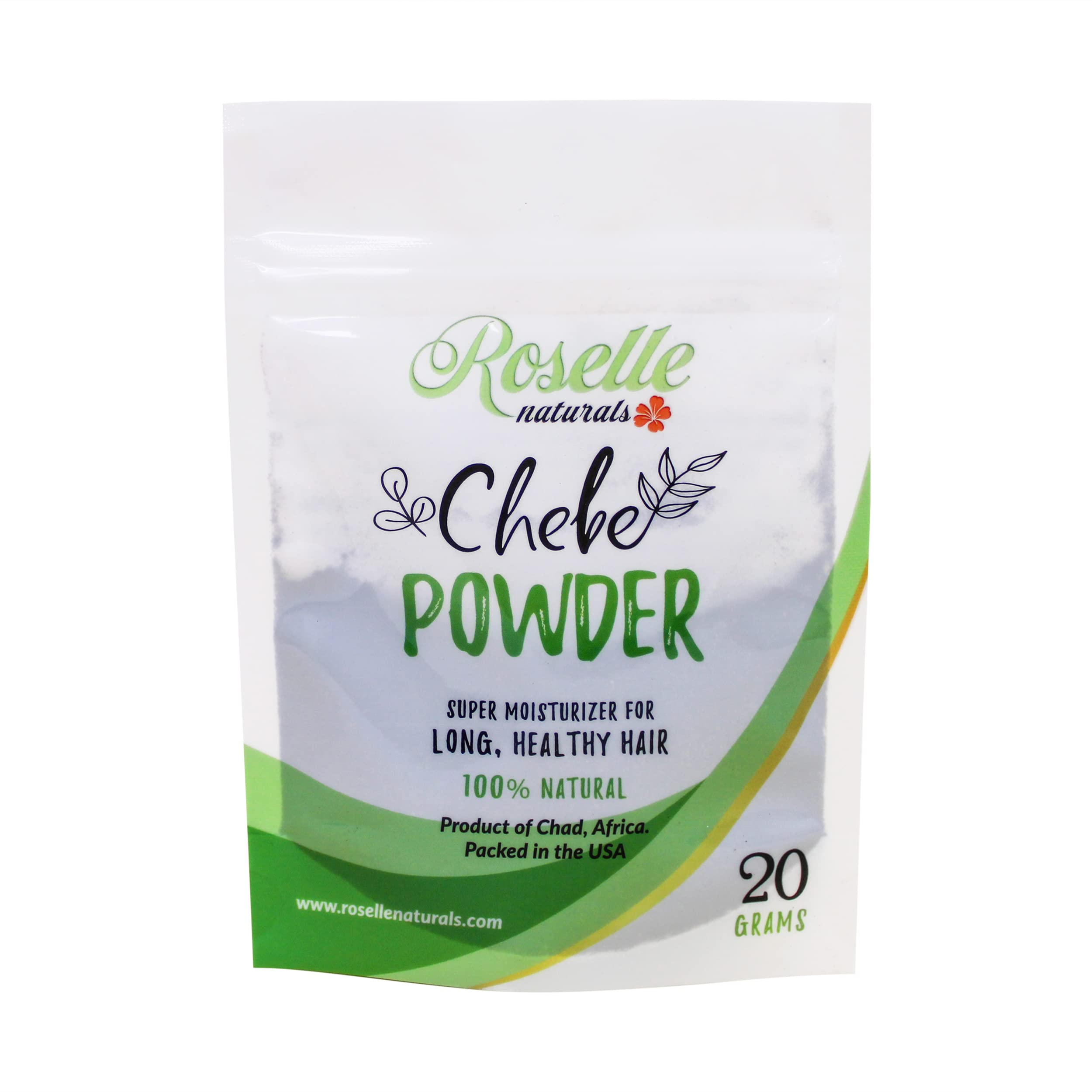 Roselle Naturals polvo Chebe en envase, hidrata el cabello.