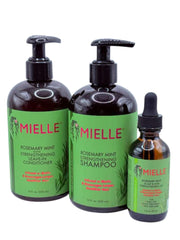 Rosemary Mint champú botella, fortalece cabello desde la raíz y aporta limpieza fresca.