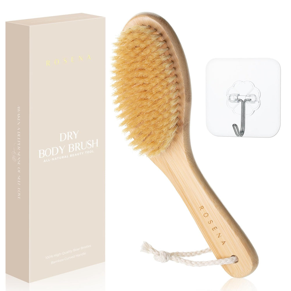 ROSENA cepillo para cepillado en seco con mango curvo exfolia suavemente la piel.