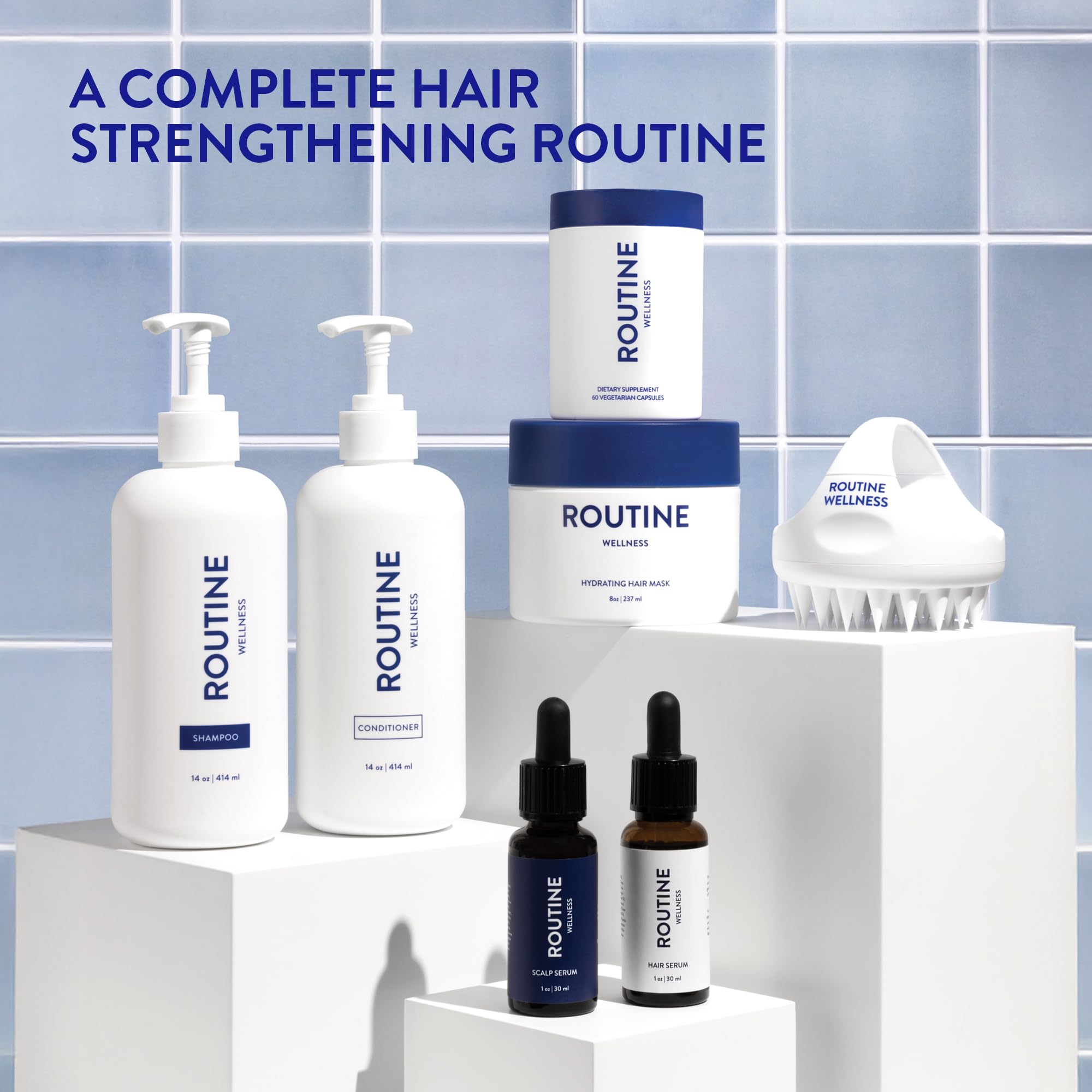 Routine Wellness Anticaída Shampoo botella elegante para ritual diario de cuidado capilar.