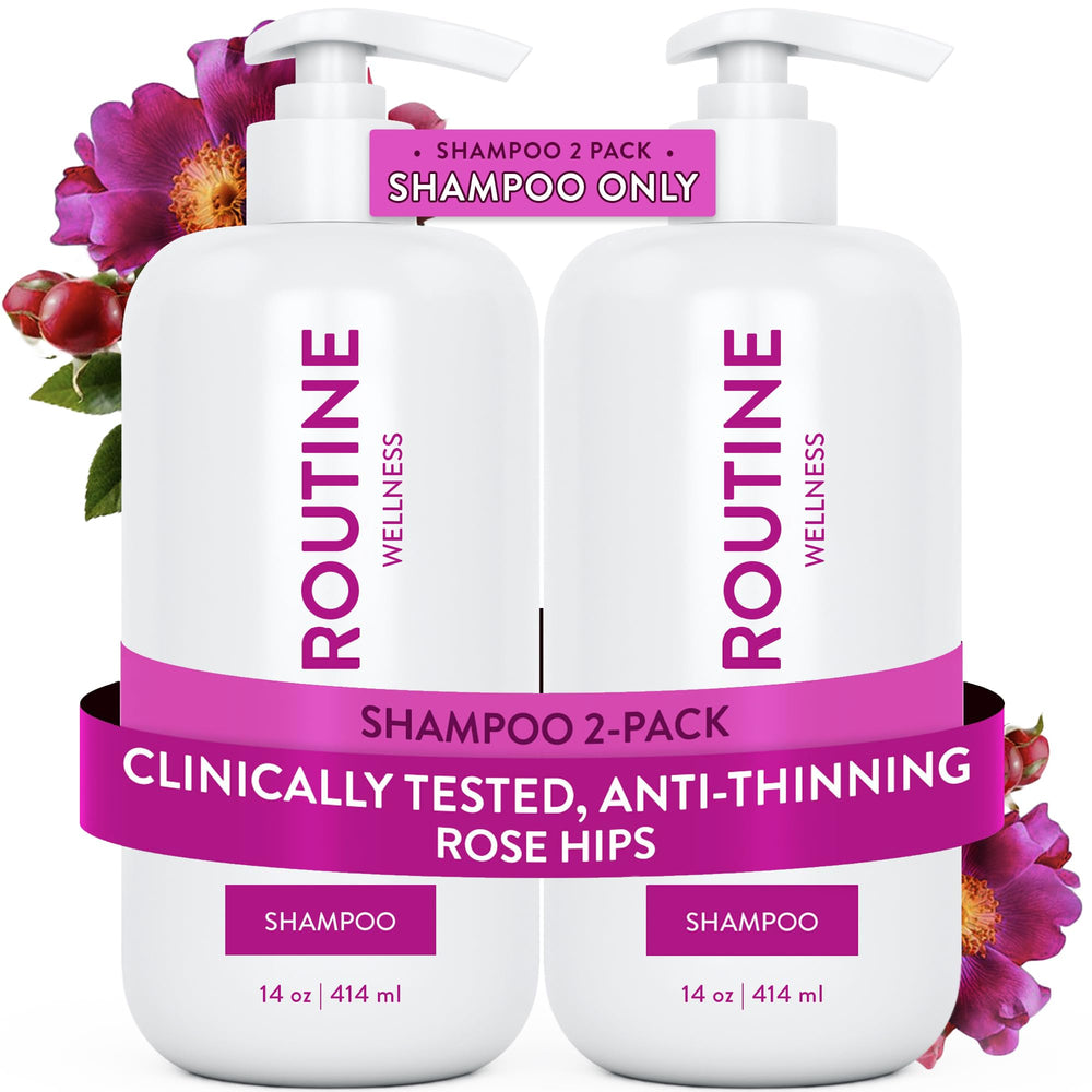 Routine Wellness Anticaída Shampoo botella con rosa mosqueta para fortalecer el cabello.