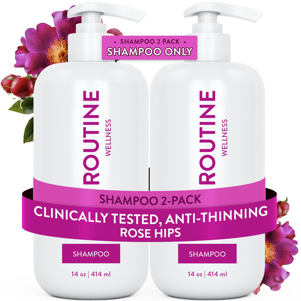 Routine Wellness Anticaída Shampoo botella con rosa mosqueta para fortalecer el cabello.