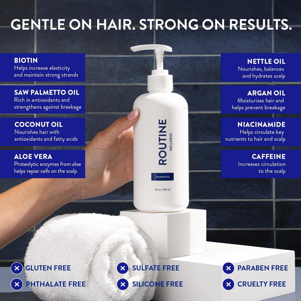 Routine Wellness Anticaída Shampoo ingredientes naturales rosa mosqueta para nutrición suave.