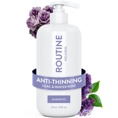 Routine Wellness champú anti-afinamiento en botella, promueve volumen y fortaleza visible.