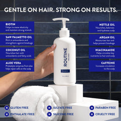 Routine Wellness champú aceite de saw palmetto, posible ayuda para fortalecimiento.