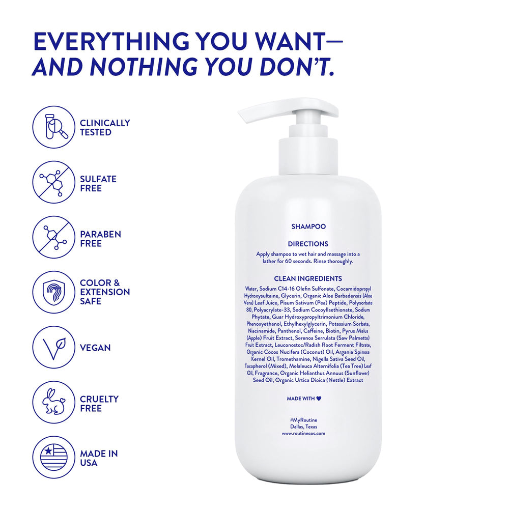 Routine Wellness champú seguro para color, fórmula ética y limpia.