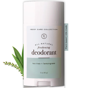 Rowe Casa Organics desodorante Tea Tree Lemongrass, aplicación suave y aroma cítrico.