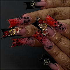 RTKHFZE 24 uñas postizas rojas con Francesa de puntas cuadradas, look elegante.