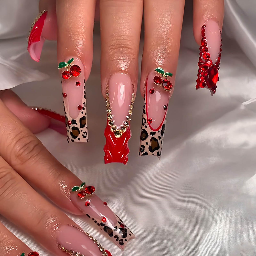 Uñas RTKHFZE frances rojo en formato cuadrado largo para uso diario glamuroso