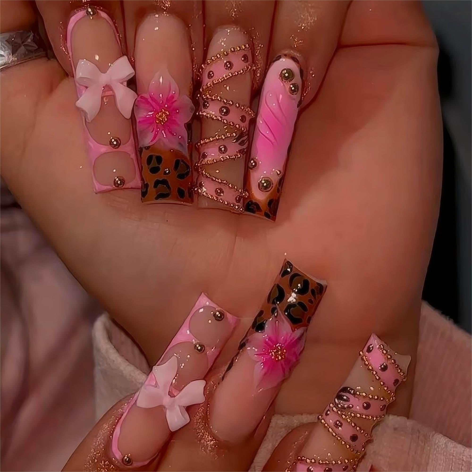 RTKHFZE uñas pegadas cuadradas con frances y lazo 3D para un estilo elegante.