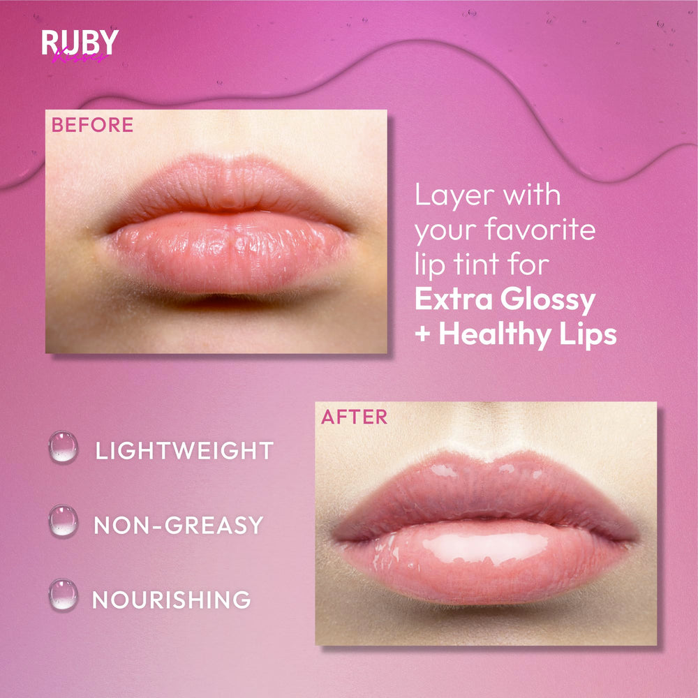 Aceite labial Ruby Kisses con acabado transparente que realza el brillo natural.