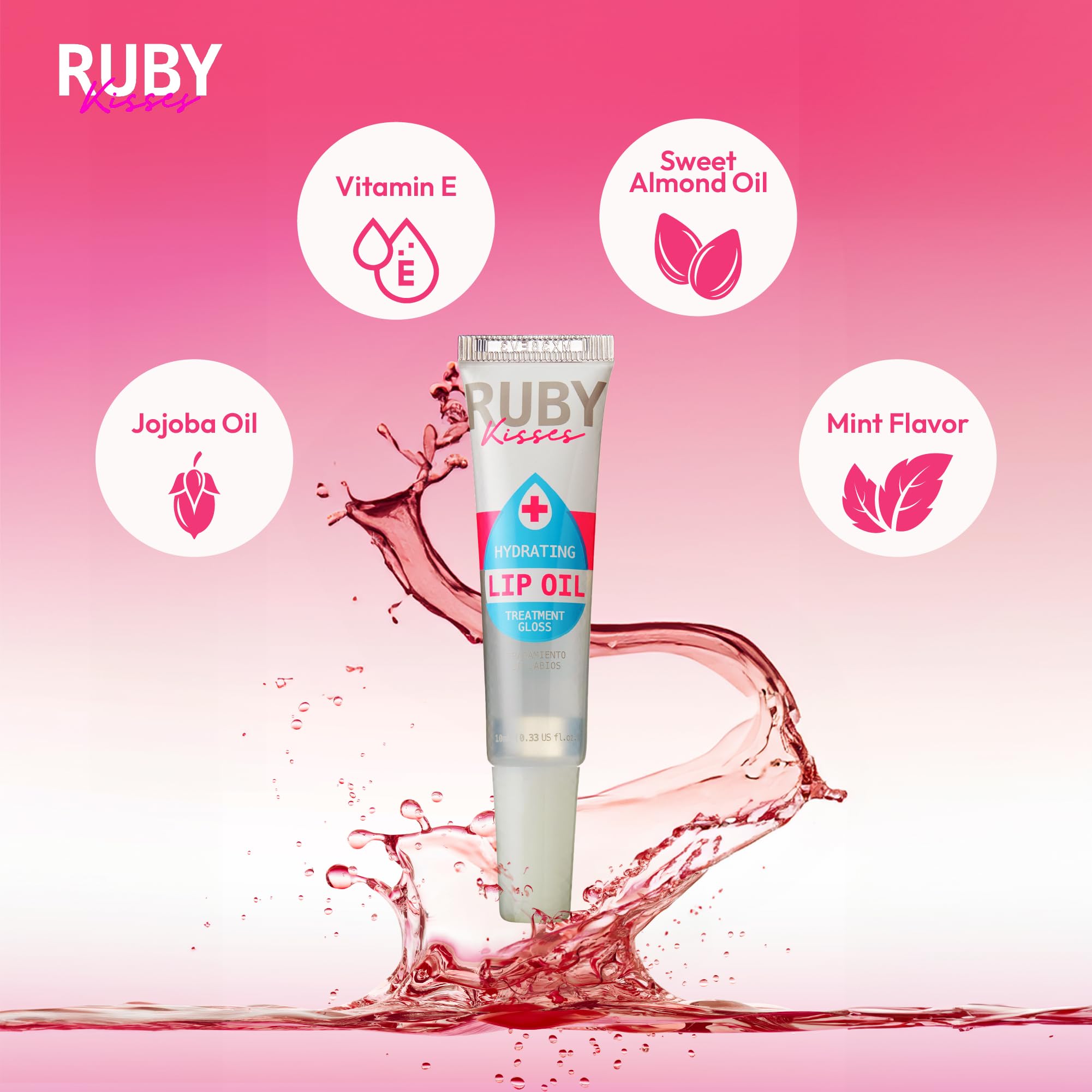 Aplicación diaria de Ruby Kisses Aceite Labial Hidratante para labios nutridos y lisos.