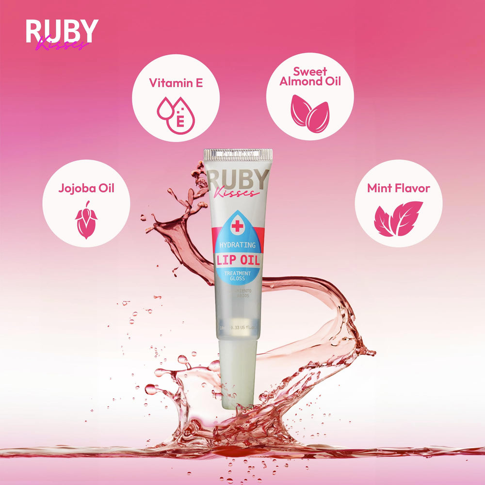 Aplicación suave del brillo labial Ruby Kisses para brillo natural.
