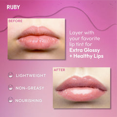 Textura sedosa del brillo labial hidratante Ruby Kisses suavizando labios secos.