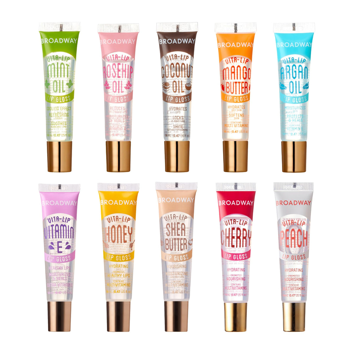 Ruby Kisses Broadway Vita-Lip Gloss pack shot con brillo e hidratación duradera