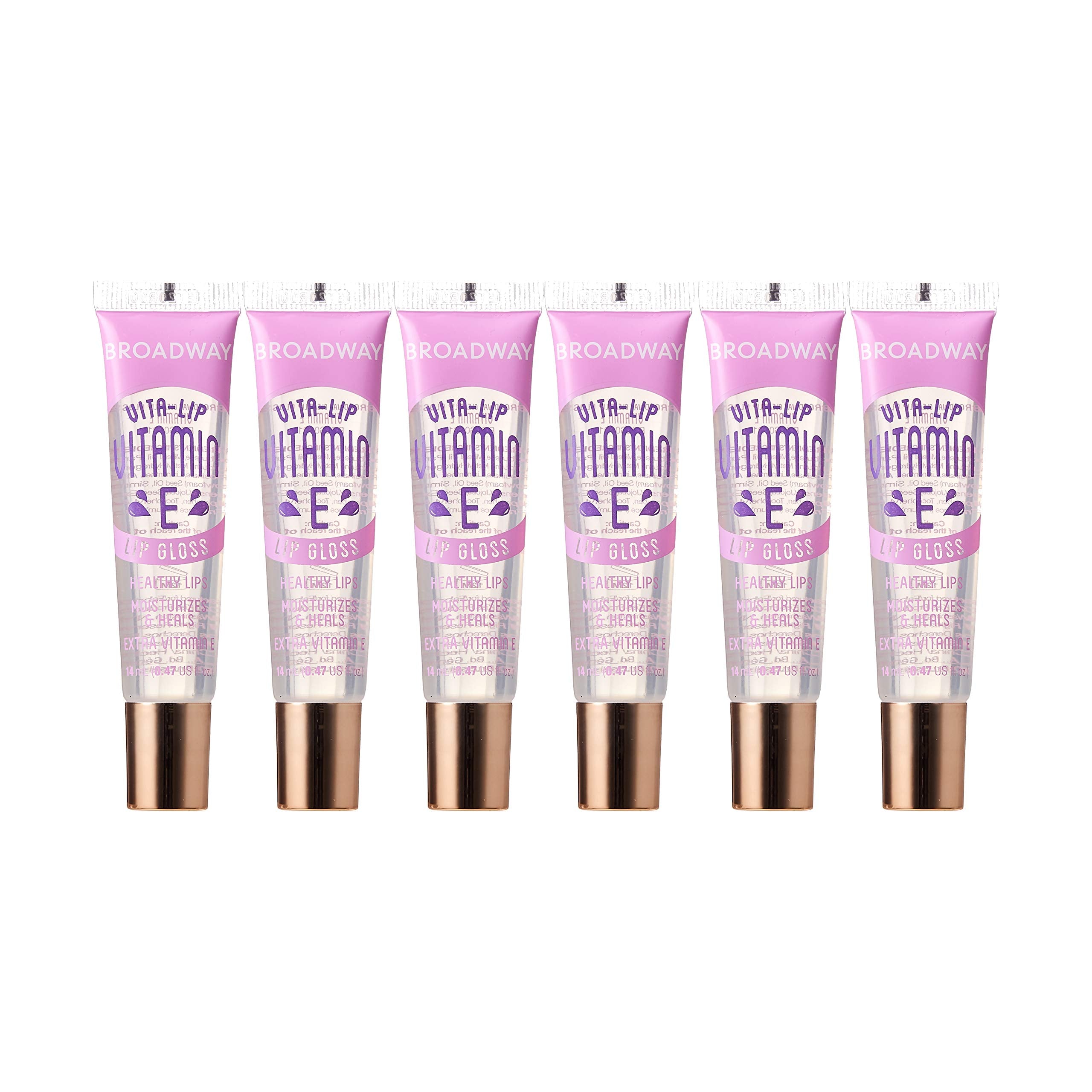 Ruby Kisses Broadway Vita-Lip Gloss, empaque frontal, fácil de identificar.