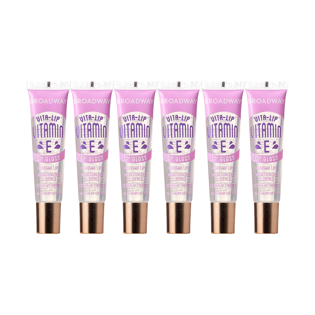 Ruby Kisses Broadway Vita-Lip Gloss, empaque frontal, fácil de identificar.
