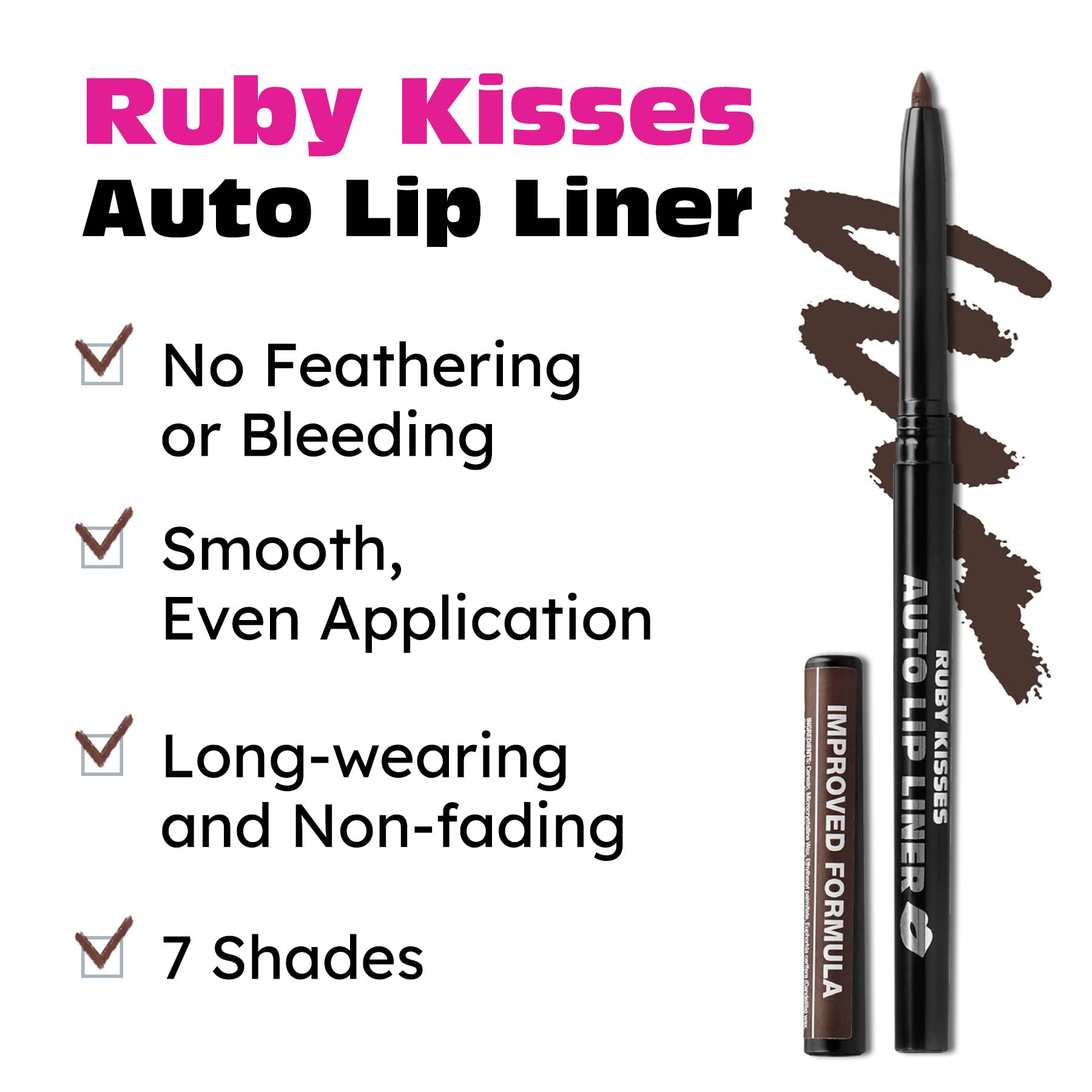 Ruby Kisses lapiz perfil labios automatico marron oscuro, ideal para retoques diarios y retoques de color.