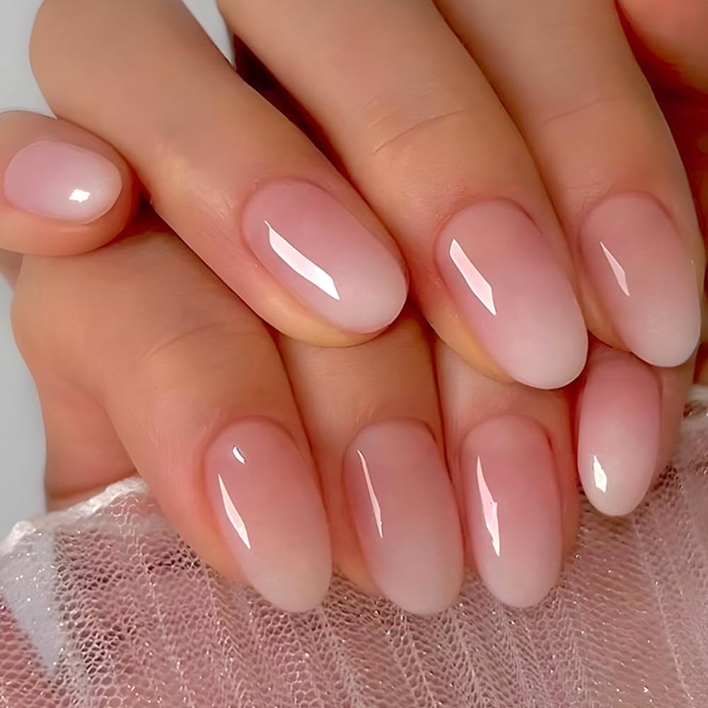 RUPOFUZA uñas postizas en almendra corto squoval con acabado rosado ombre para uso diario.