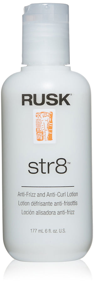 RUSK Str8 loción anti-frizz en botella, control suave del peinado.