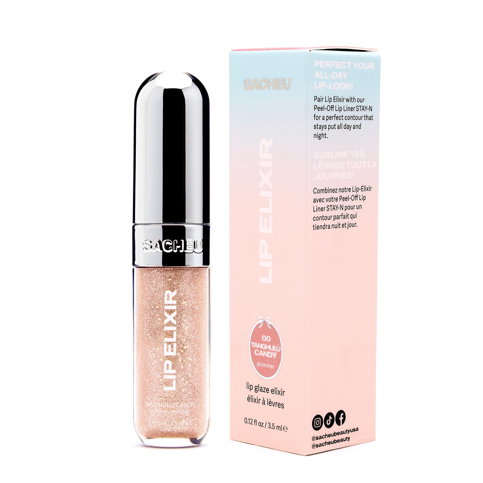 Sacheu Lip Elixir acabado brillante duradero para apariencia pulida.