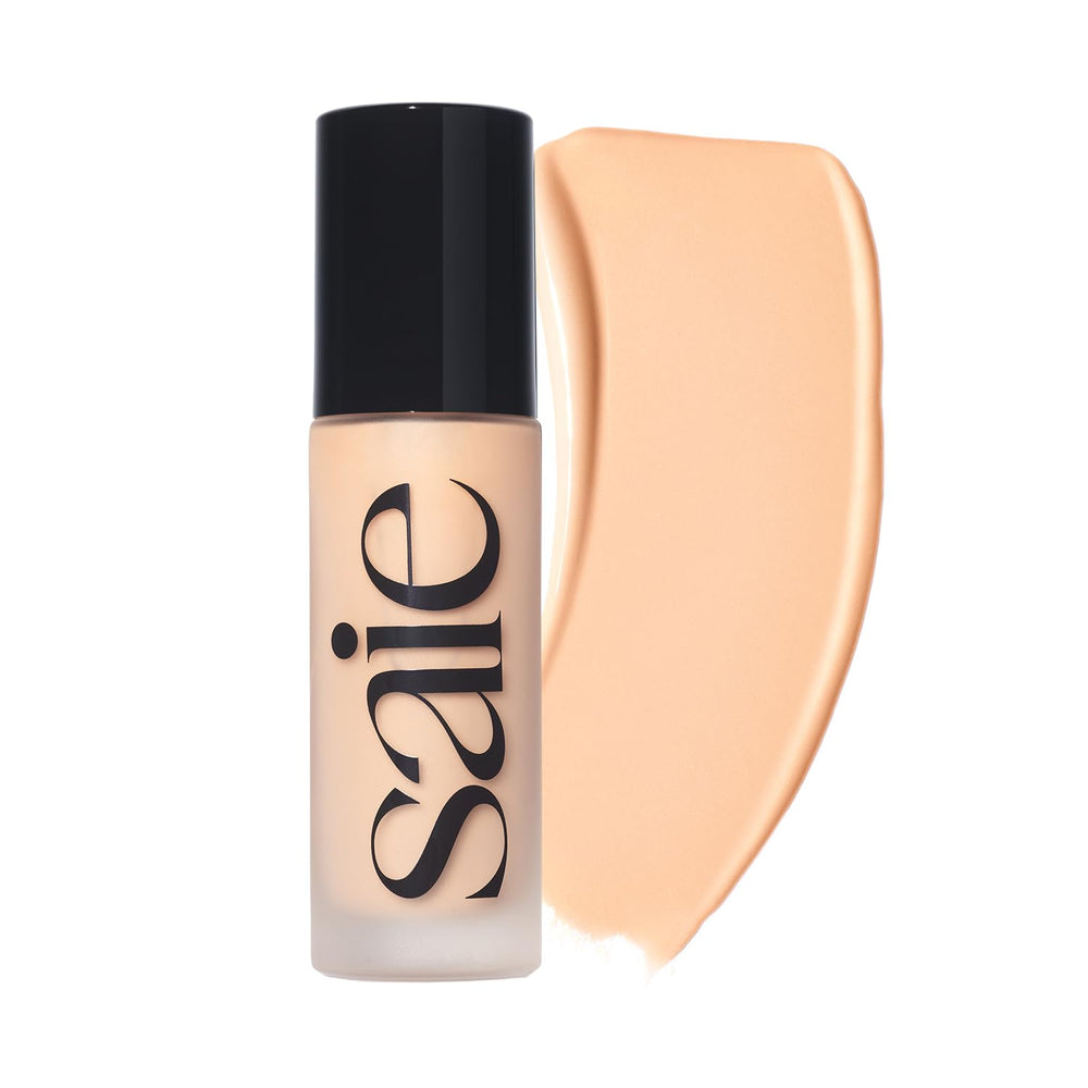 Saie Glowy Super Skin Tint, botella elegante, acabado ligero y luminoso para la piel.