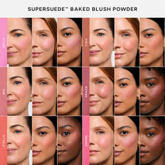 Saie SuperSuede Baked Blush aplicado con brocha ofrece tono suave.