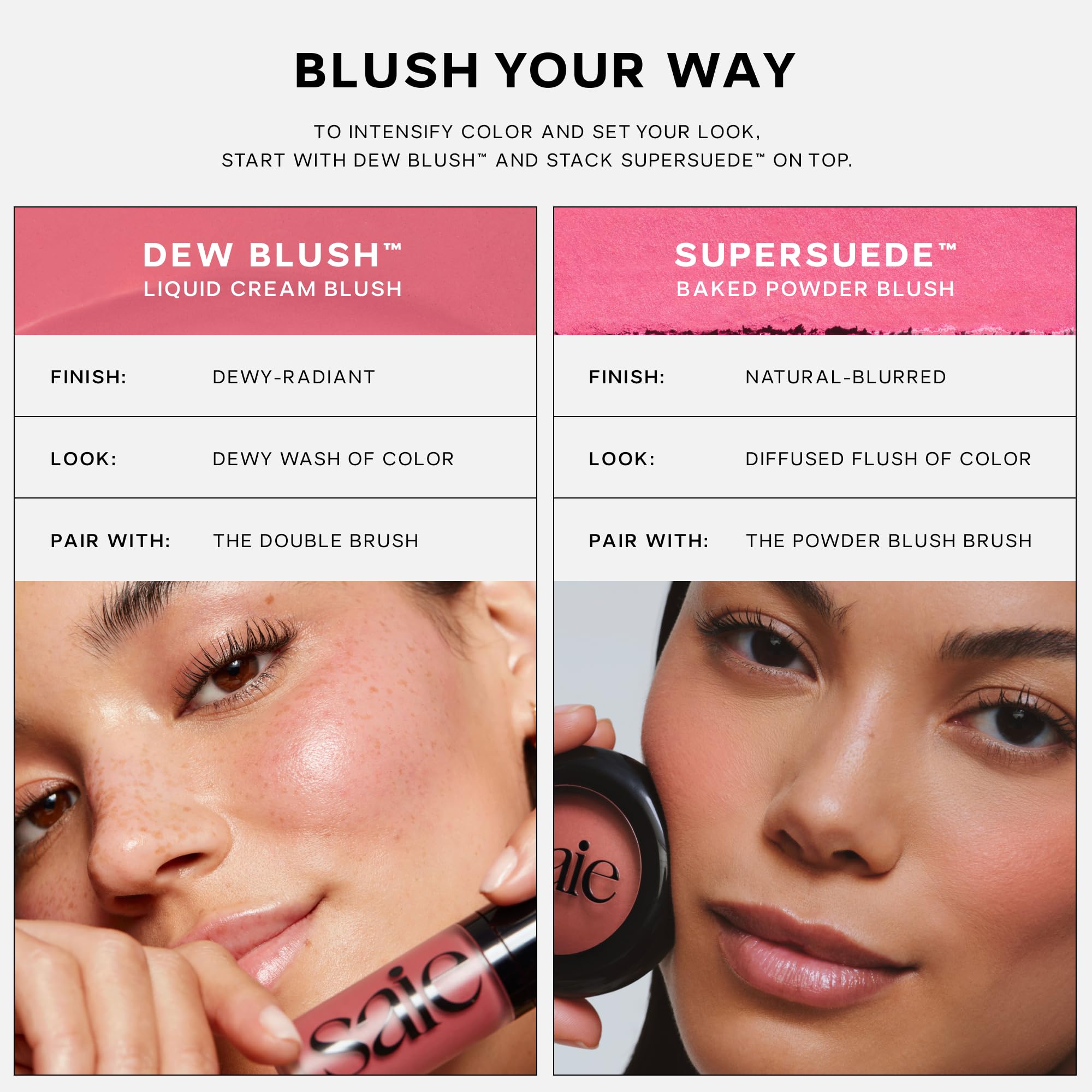 Saie SuperSuede Baked Blush envase lujoso y compacto para retoques diarios.