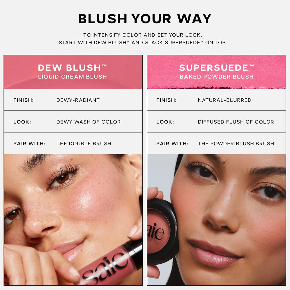 Saie SuperSuede Baked Blush envase lujoso y compacto para retoques diarios.