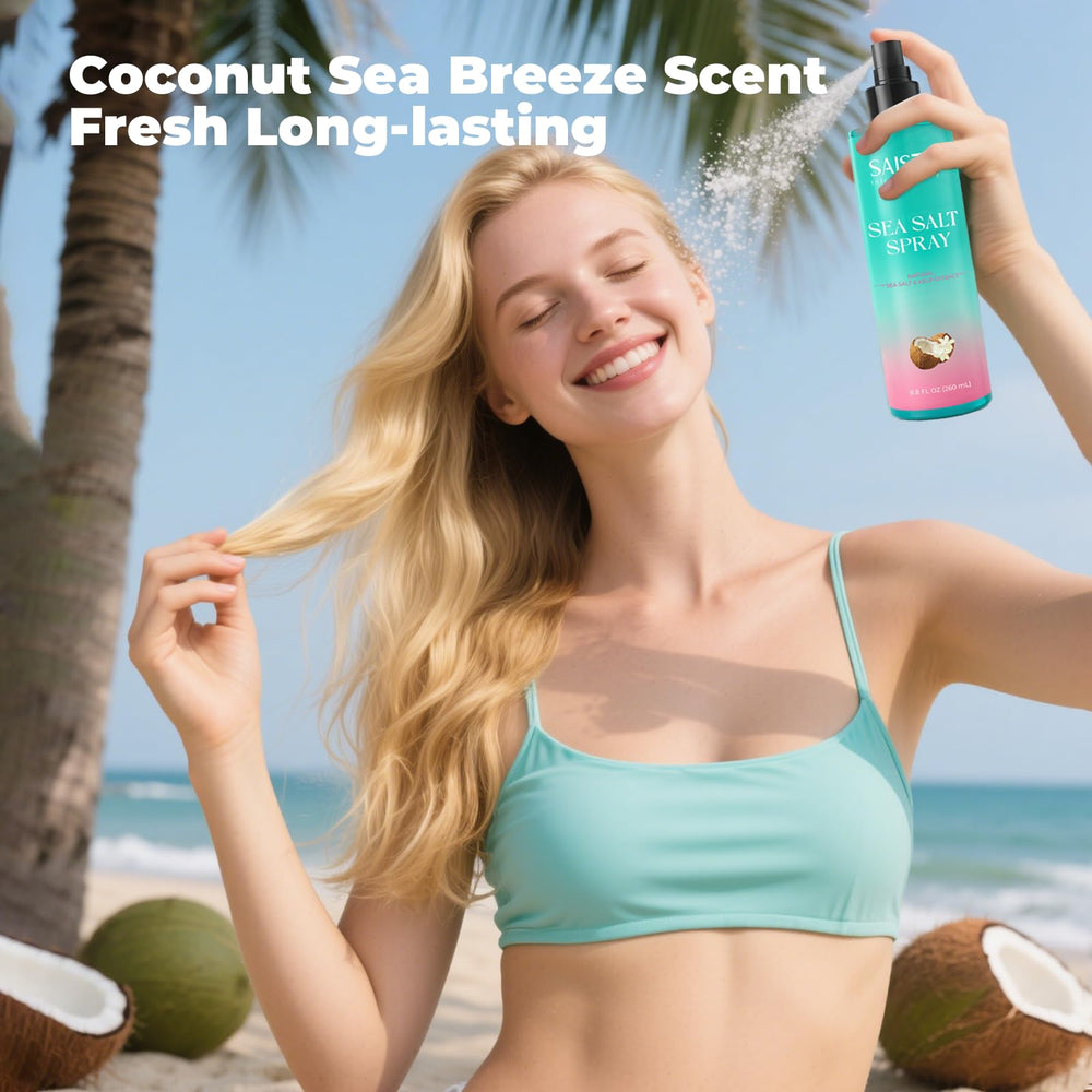 SAISZE Sea Salt Spray, aroma a coco que evoca playa y frescura.