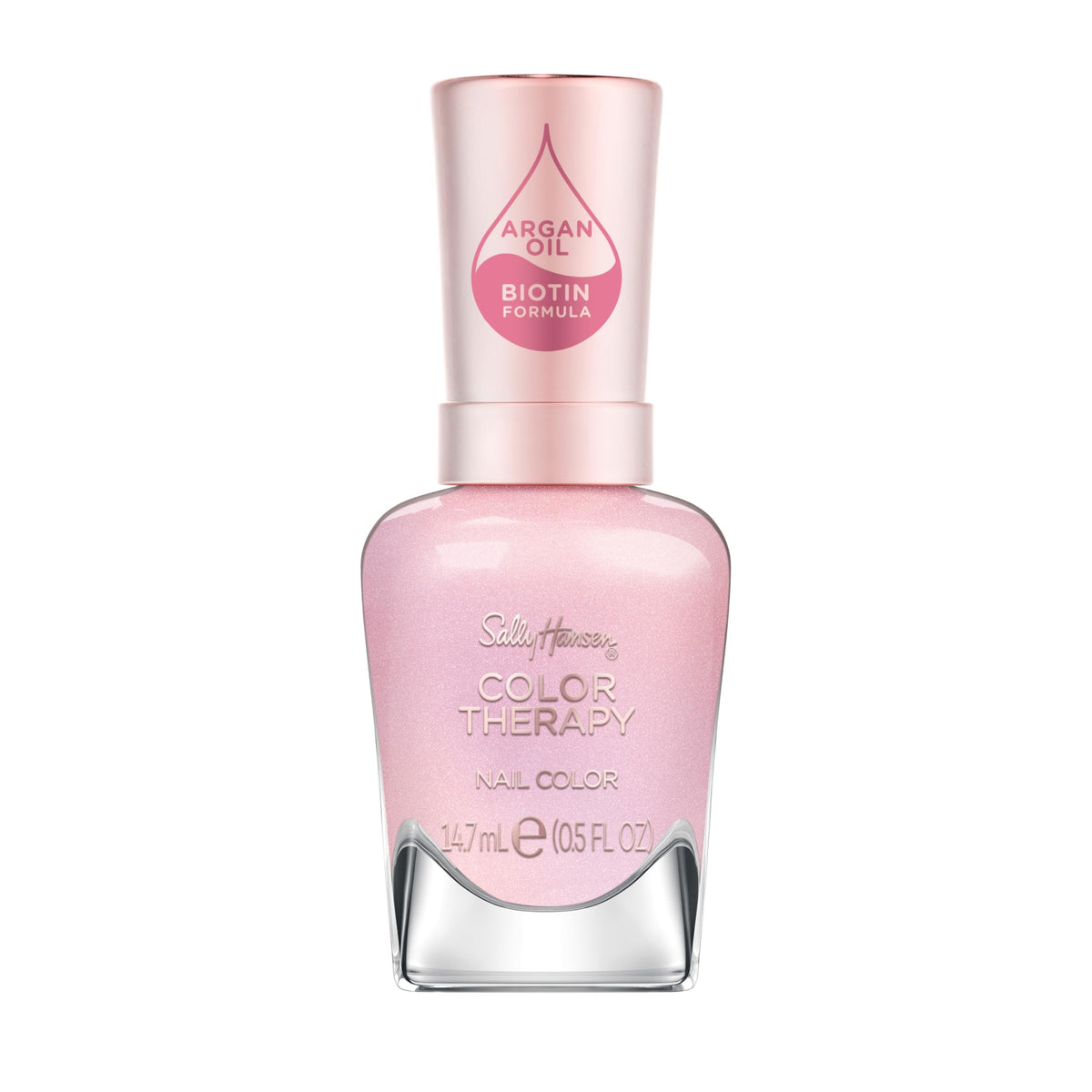 Esmalte Sally Hansen Color Therapy Staycation, botella rosa para un look de salón en casa.
