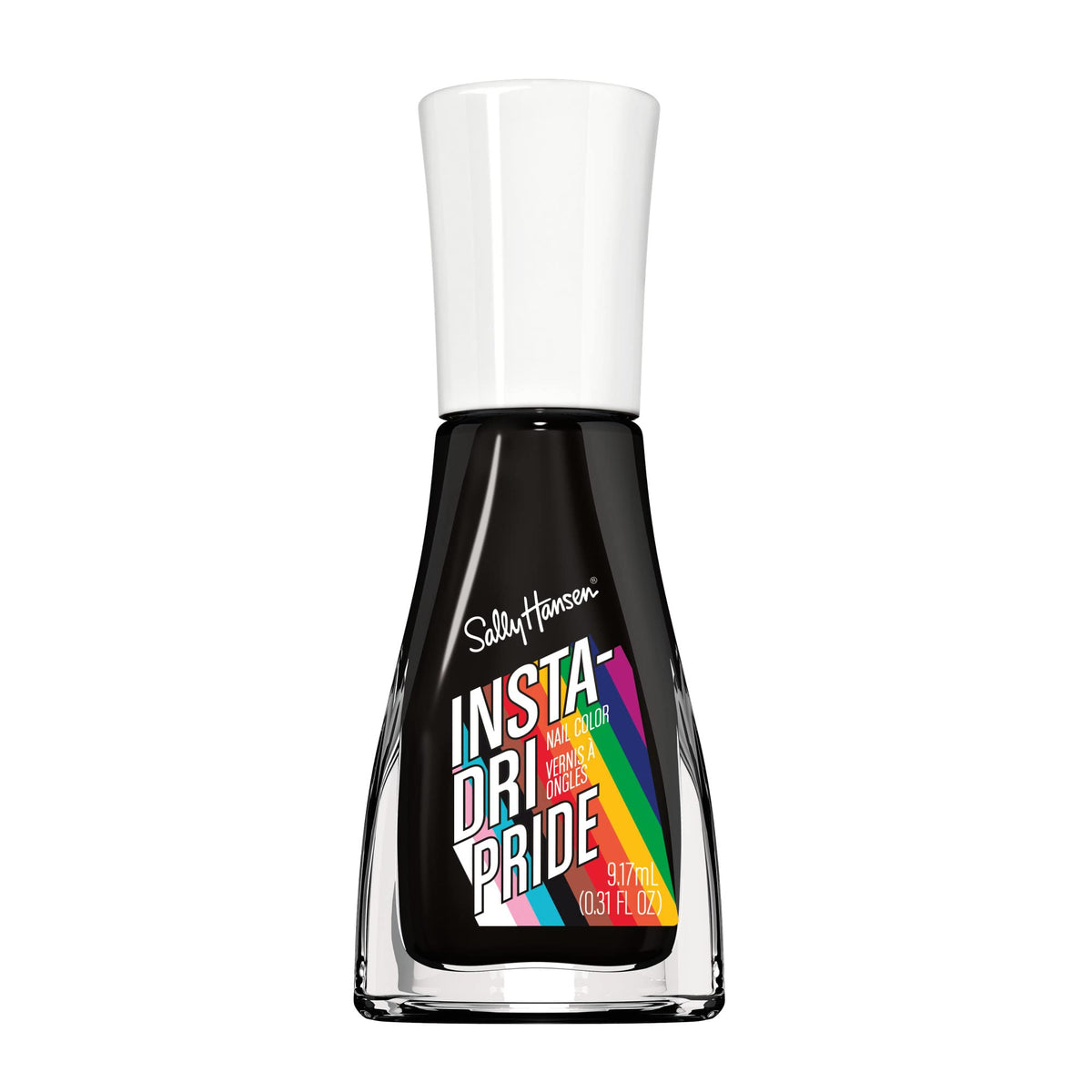Sally Hansen Insta Dri GLAAD Raven Midnight, botella, color intenso y secado rápido.