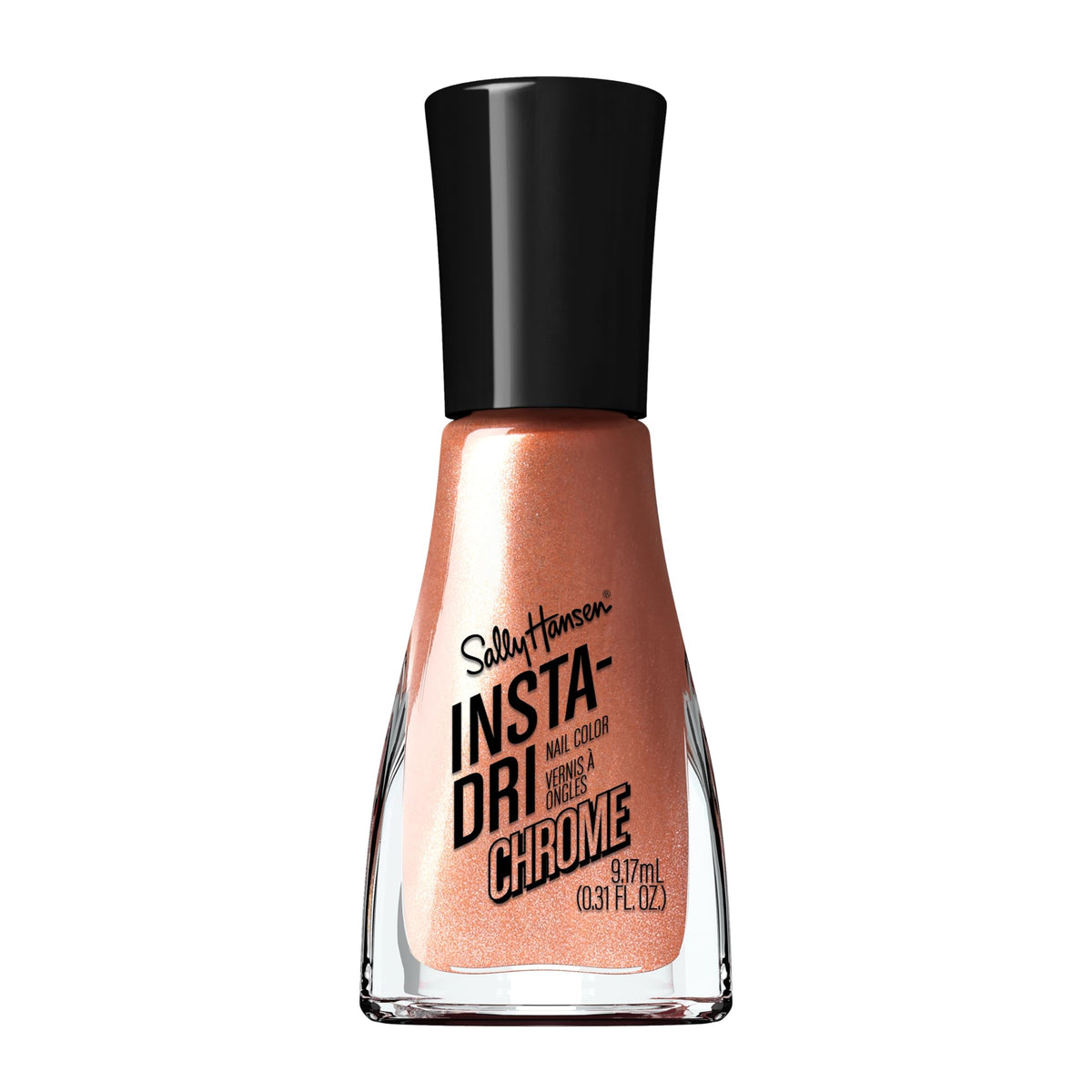 Sally Hansen Insta-Dri Chrome Copper Crush: botella con acabado cromado cobre, brillo duradero.