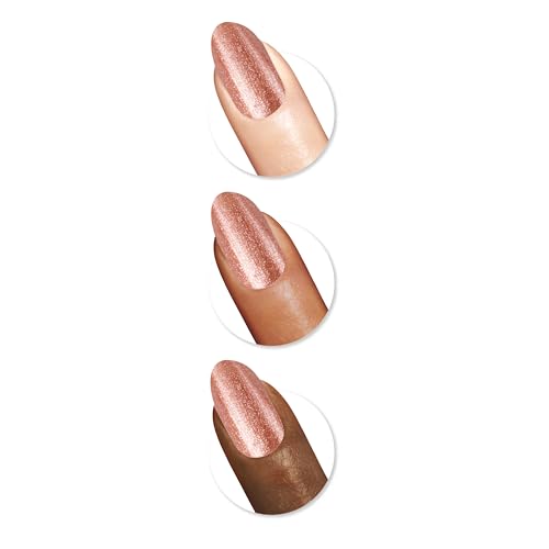 Sally Hansen Insta-Dri Chrome Copper Crush: mano mostrando brillo metalizado duradero para un look.