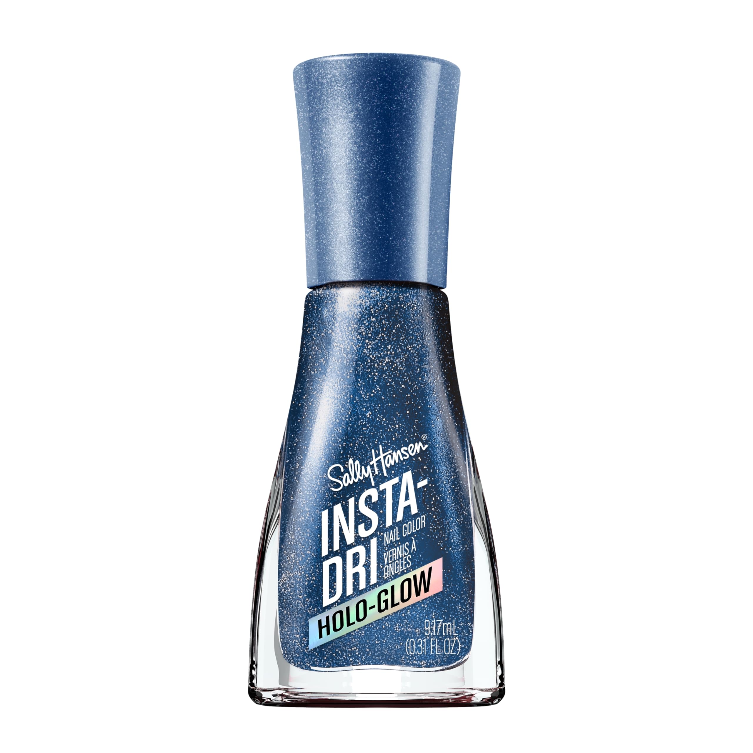 Sally Hansen Insta-Dri Holo-Glow 107 holo-back con destellos plateados y azulados.