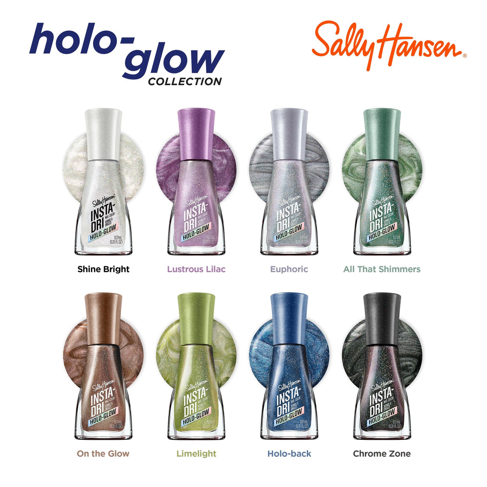 Sally Hansen Insta-Dri Holo-Glow: mano exhibiendo destellos para un look glam.