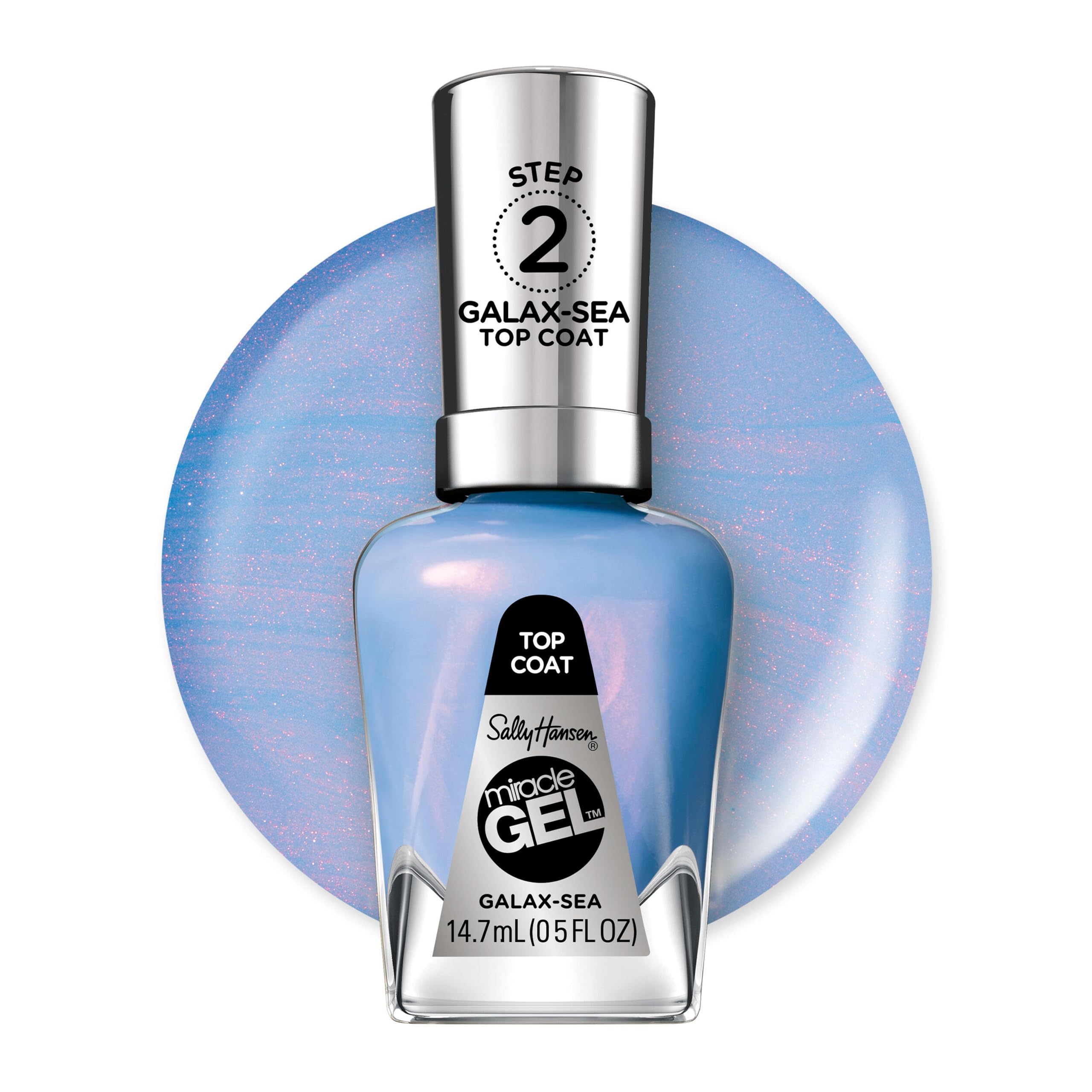 Sally Hansen Miracle Gel Top Coat con destellos azules para un acabado duradero.