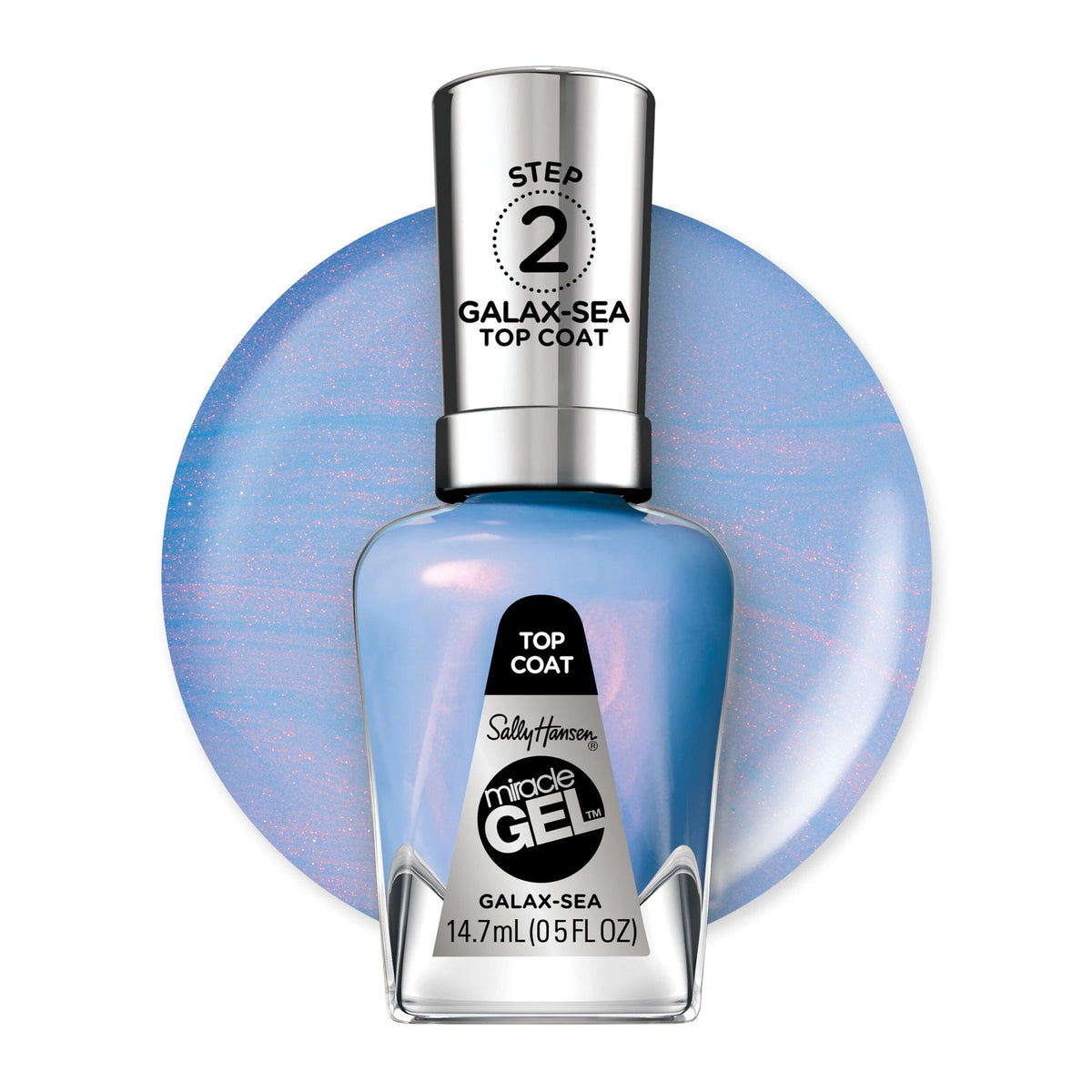 Sally Hansen Miracle Gel Top Coat con destellos azules para un acabado duradero.