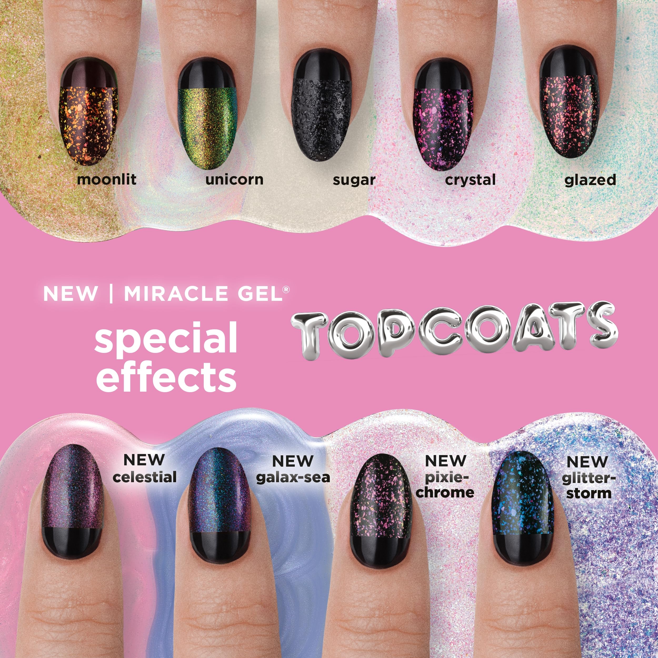 Sally Hansen Miracle Gel Top Coat con brillo translúcido para uñas elegantes.