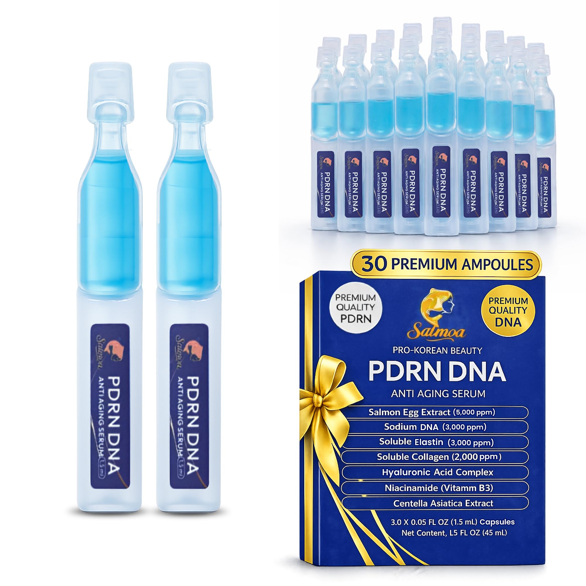 Sérum Salmoa DNA PDRN en botella, hidratación suave para la piel.