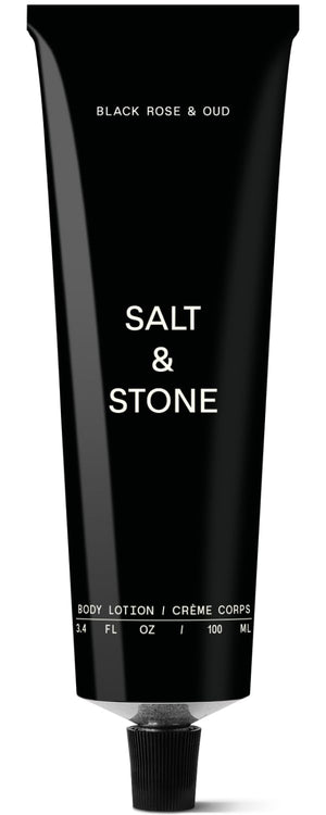 Salt & Stone Black Rose & Oud lotion bottle showing premium hydration for all skin types.