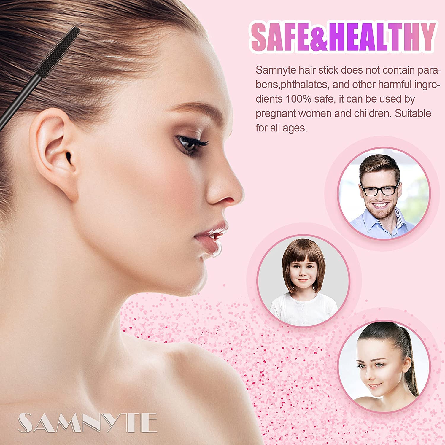 Samnyte Flyaways Hair Stick, empaque rosa gradiente destaca en el tocador.