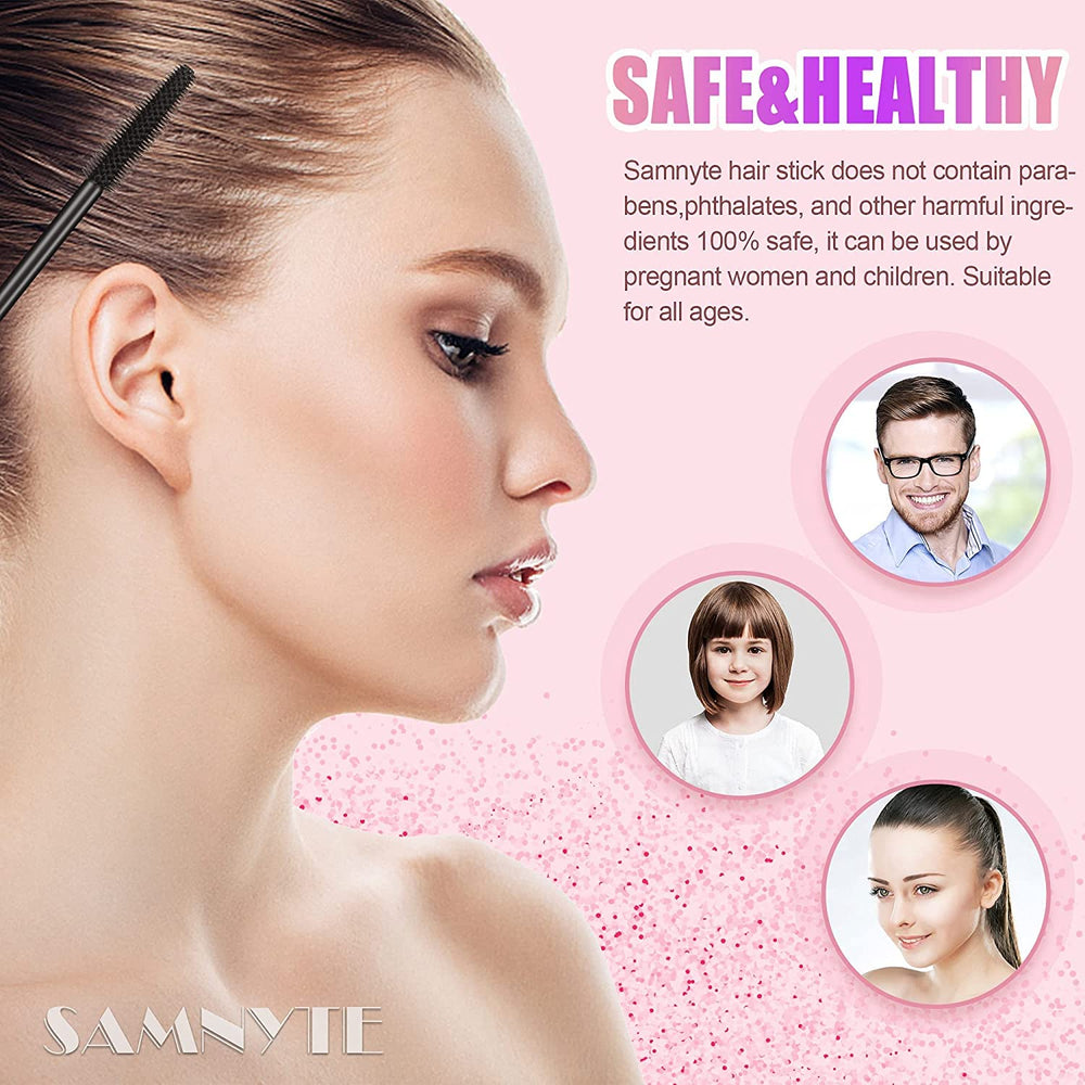 Samnyte Flyaways Hair Stick, empaque rosa gradiente destaca en el tocador.