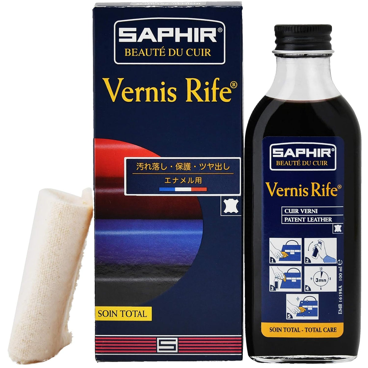 SAPHIR Vernis Rife: frasco frontal listo para limpiar cuero patentado y restaurar brillo