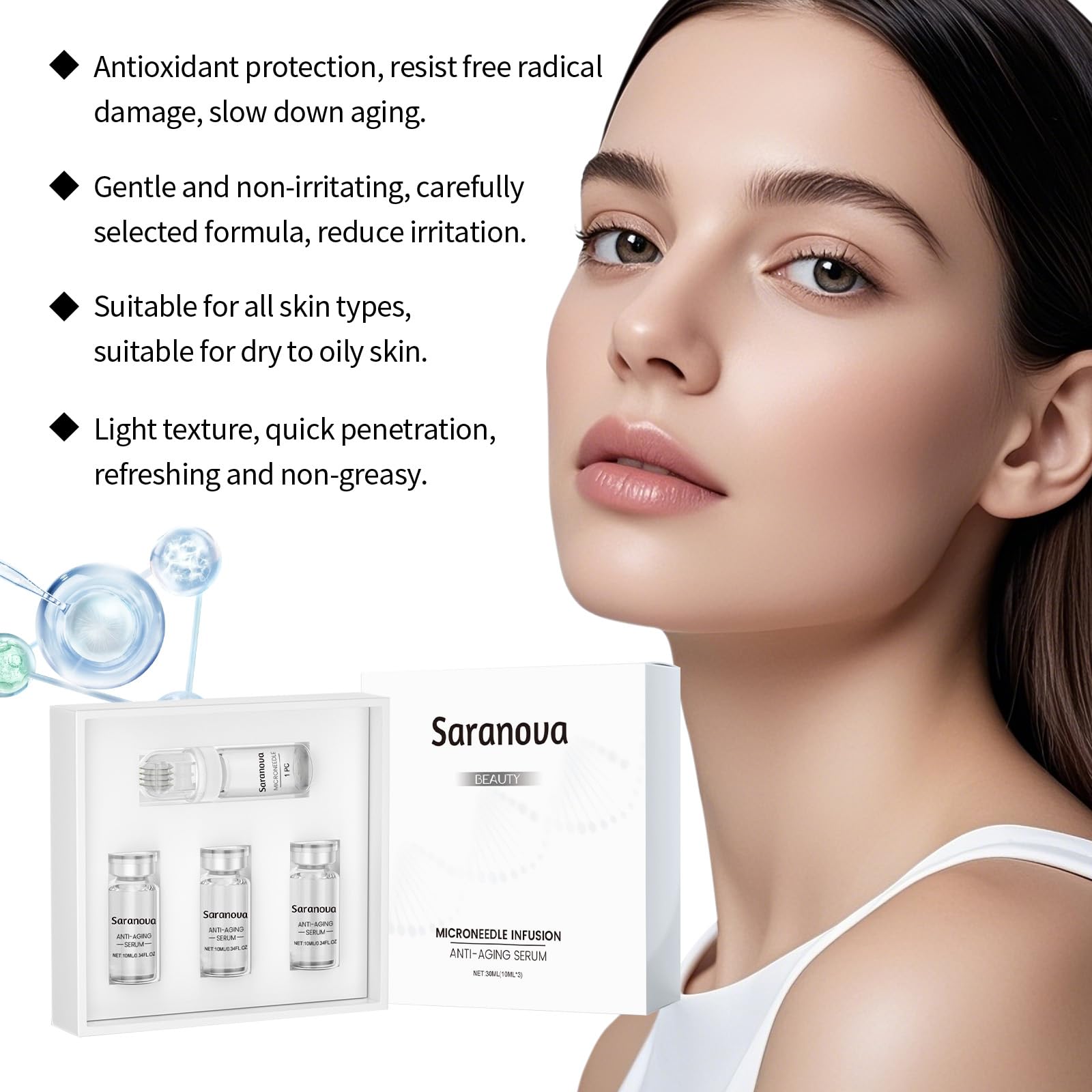 Saranova Serum hidratante en botella para uso diario y cómodo.