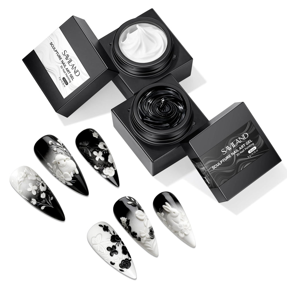 SAVILAND Gel Uñas 3D negro y blanco, acabado sin limpieza para detalles precisos